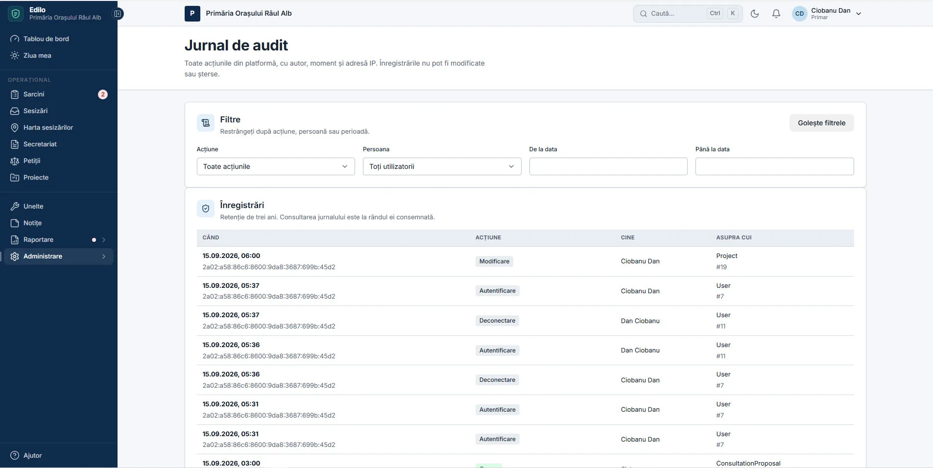 Jurnalul de audit din Edilo: fiecare acțiune din platformă, cu autorul, momentul și adresa IP, fără posibilitate de modificare.