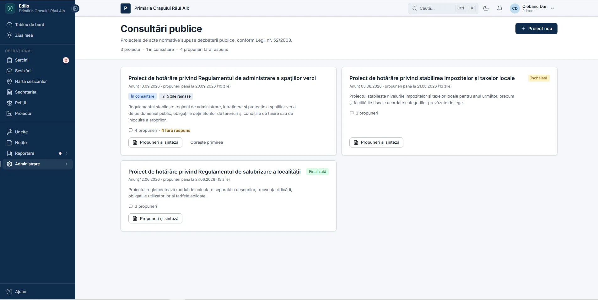 Consultările publice în Edilo: proiectele supuse dezbaterii, perioada de primire a propunerilor și sinteza observațiilor.