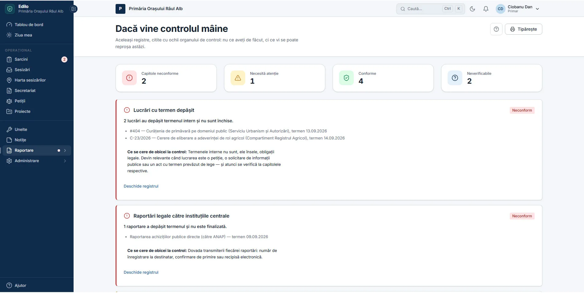 Dosarul de control generat de Edilo: documentele cerute de un control, adunate automat din registrele primăriei.