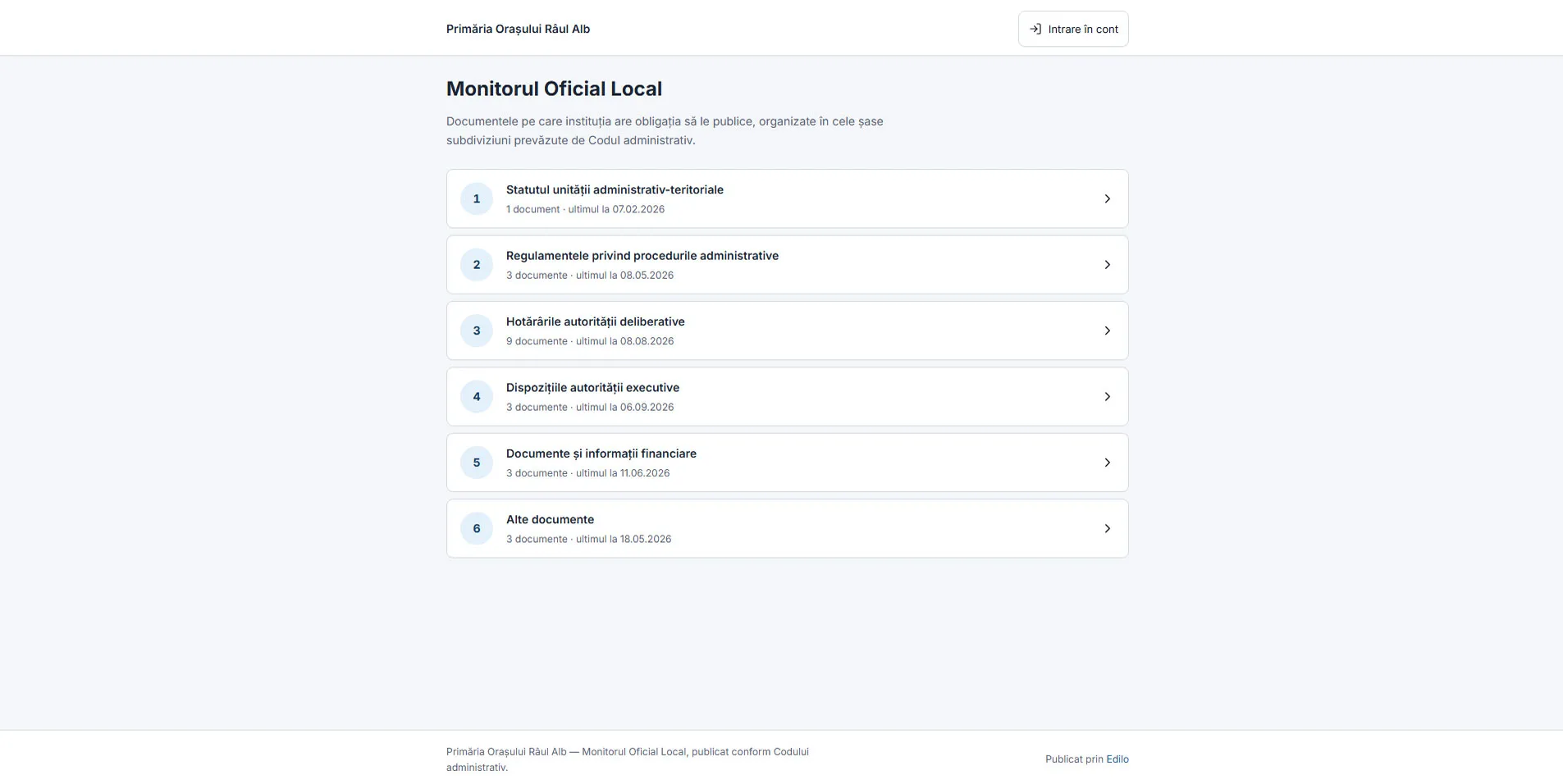 Monitorul Oficial Local în Edilo, cu cele șase secțiuni cerute de Codul administrativ și actele publicate în fiecare.