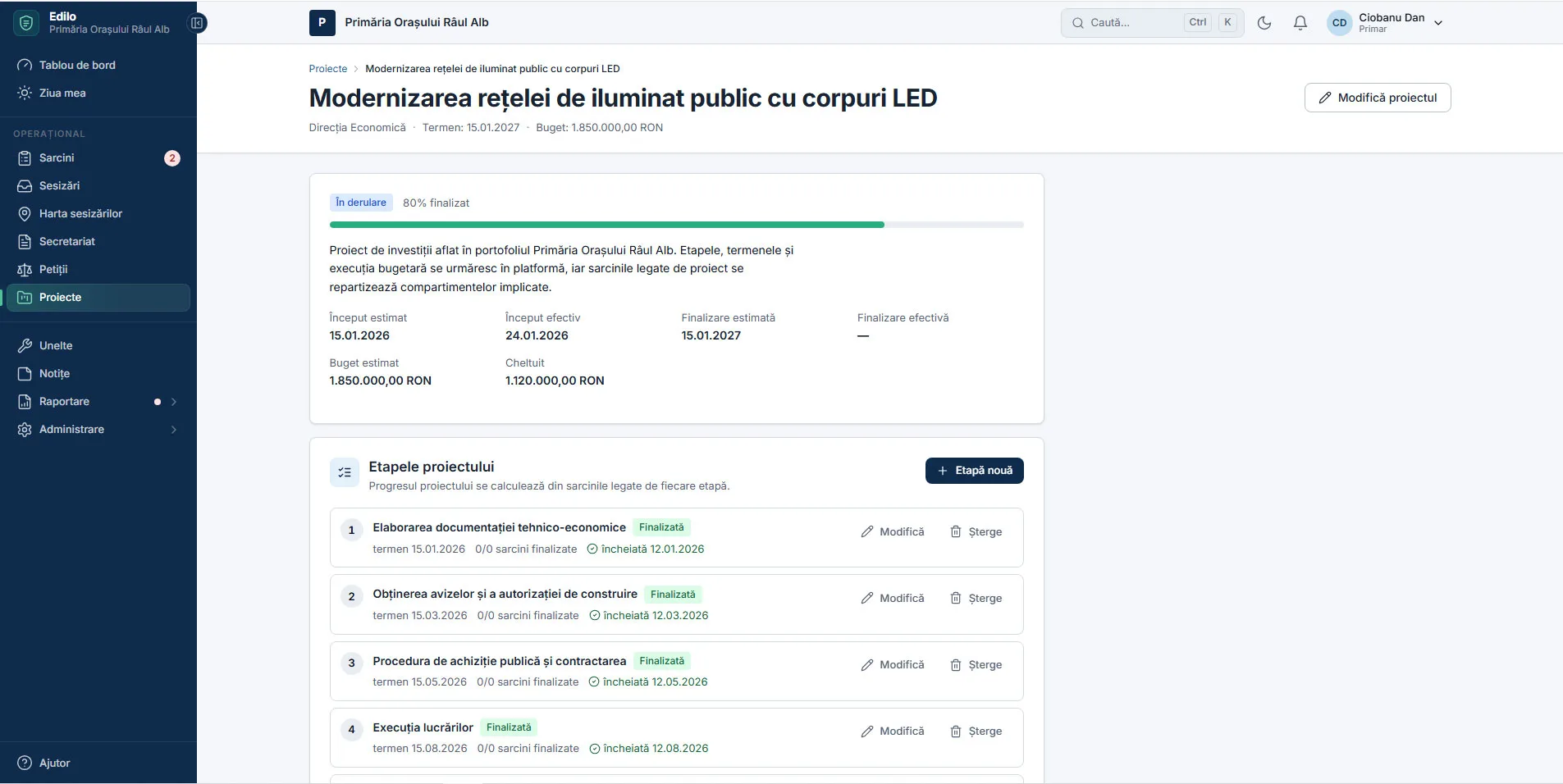 Un proiect al primăriei în Edilo, cu etapele, termenele și progresul calculat din etapele finalizate.